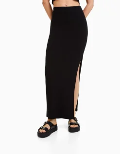 BERSHKA Jupe midi à bord-côte Noir Cheap