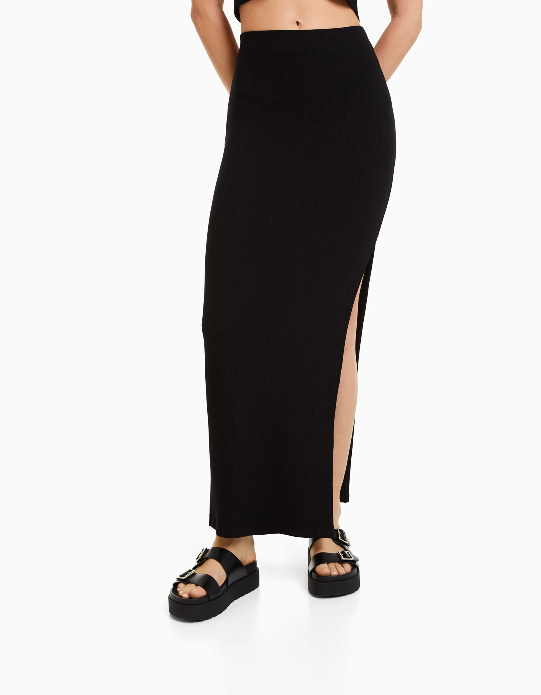 BERSHKA Jupe midi à bord-côte Noir Cheap