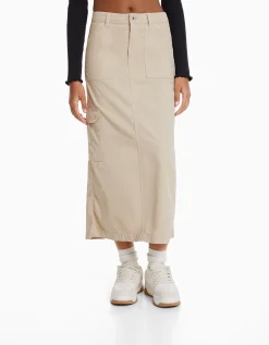 BERSHKA Jupe midi carpenter coton Sable Discount