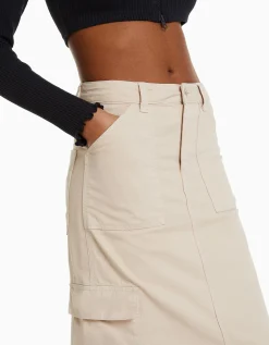 BERSHKA Jupe midi carpenter coton Sable Discount