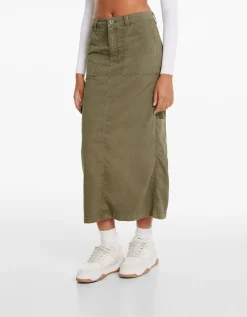 BERSHKA Jupe midi carpenter coton Sable Sale