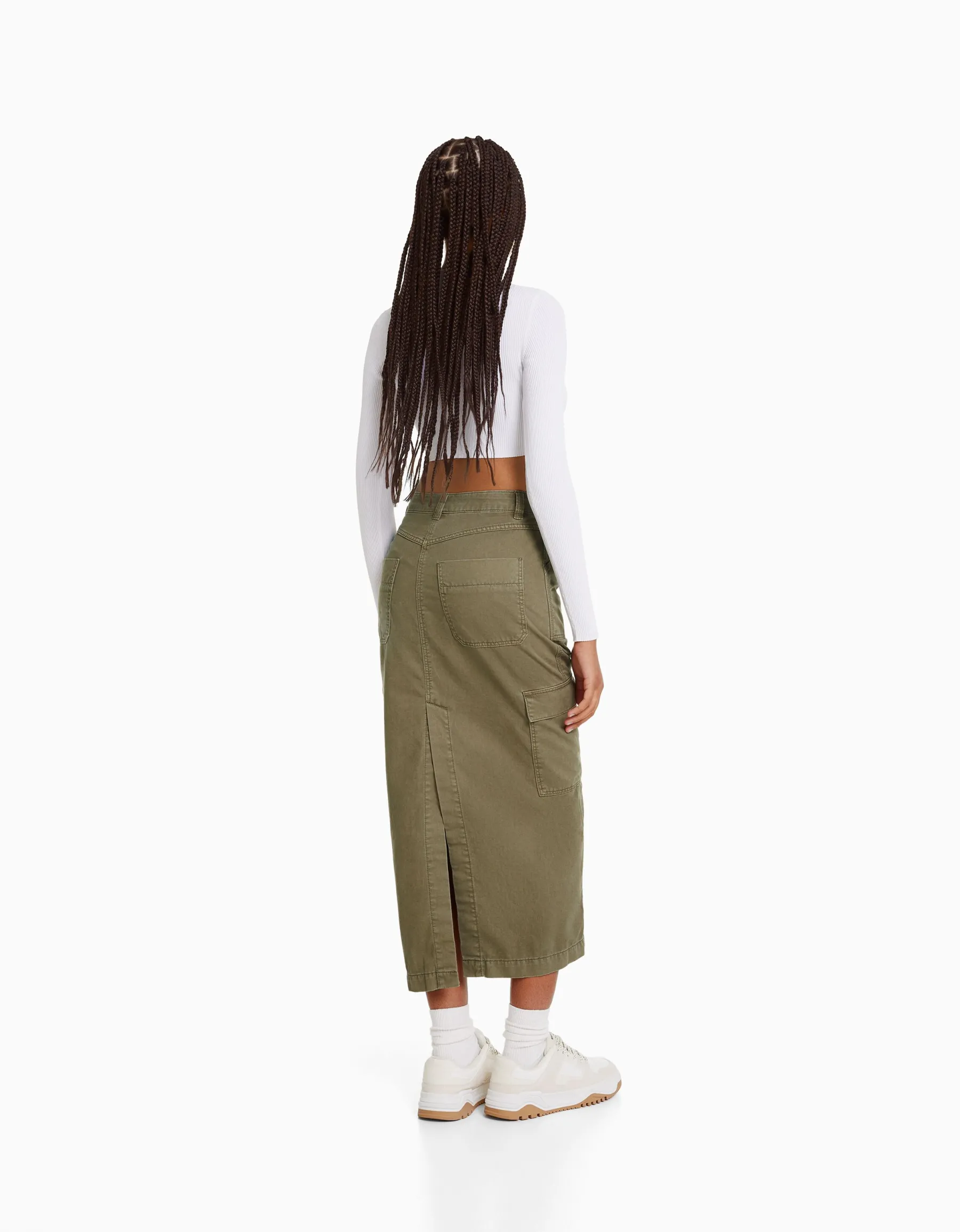 BERSHKA Jupe midi carpenter coton Sable Sale