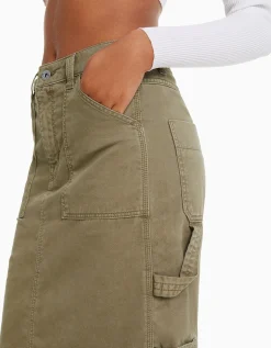 BERSHKA Jupe midi carpenter coton Sable Hot