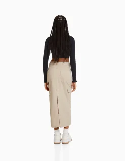 BERSHKA Jupe midi carpenter coton Sable Clearance