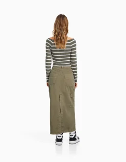 BERSHKA Jupe midi carpenter coton Sable Hot