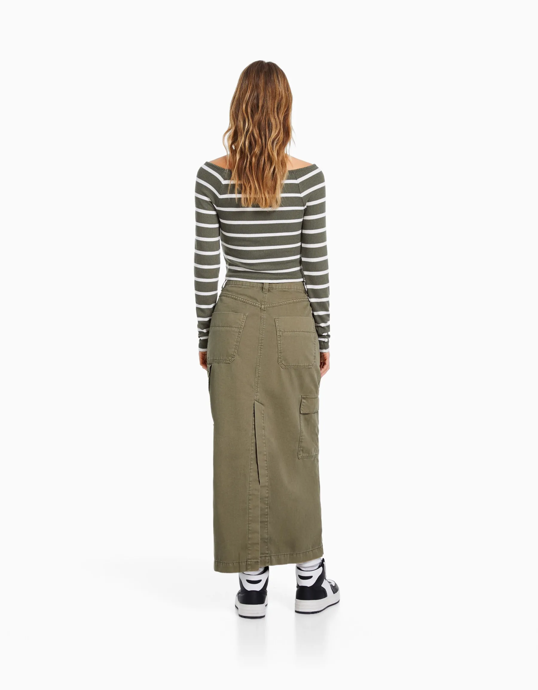 BERSHKA Jupe midi carpenter coton Sable Hot