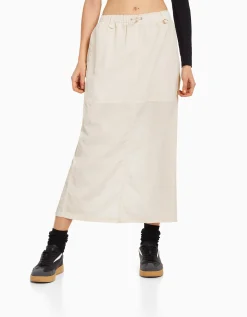 BERSHKA Jupe midi effet nylon Écru Best Sale