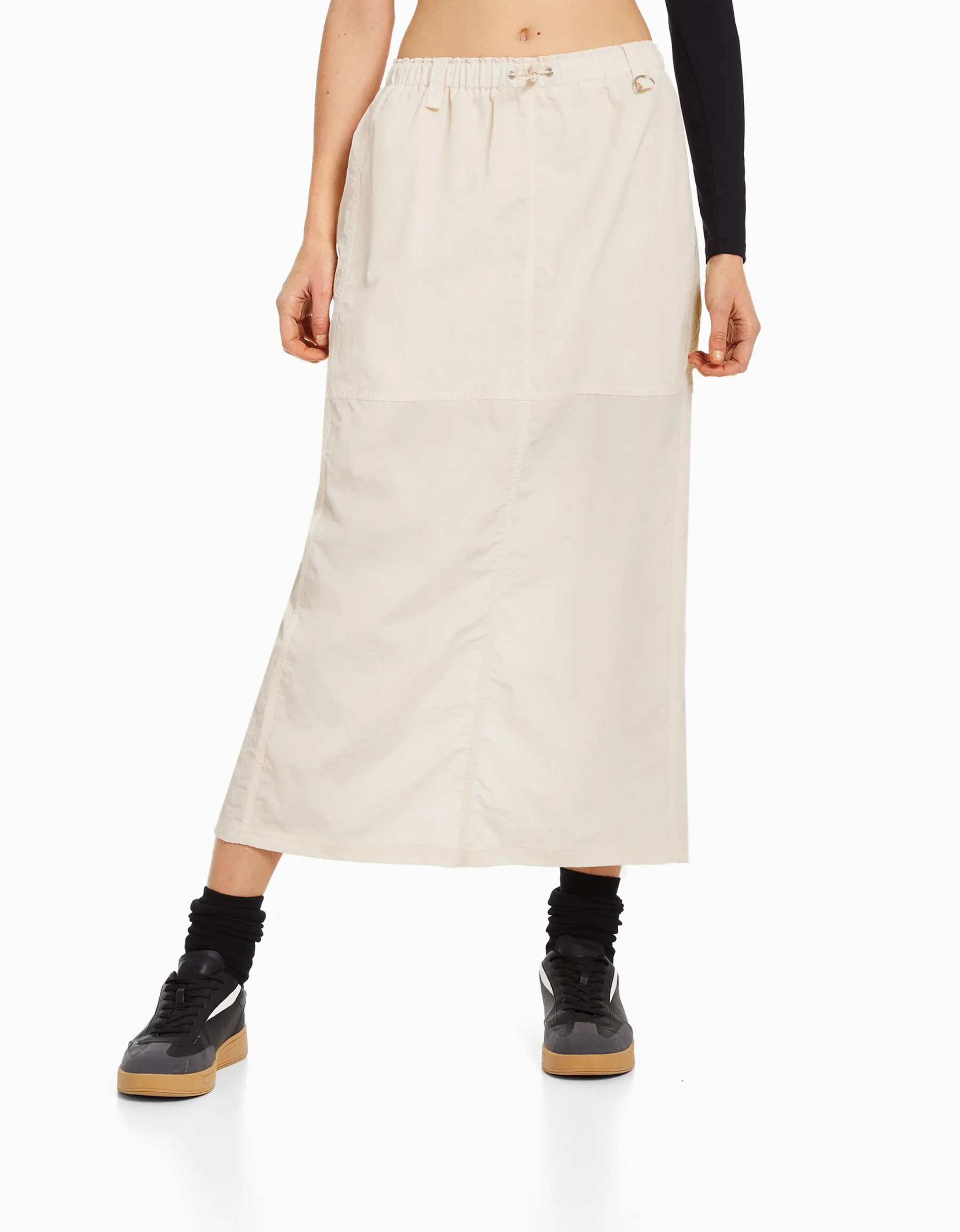 BERSHKA Jupe midi effet nylon Écru Best Sale
