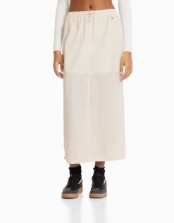 BERSHKA Jupe midi effet nylon Écru Online