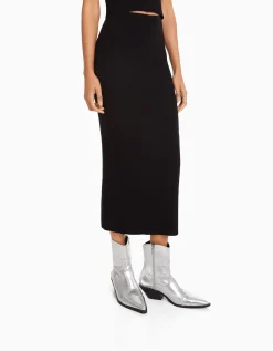BERSHKA Jupe midi maille bord-côte Noir Discount