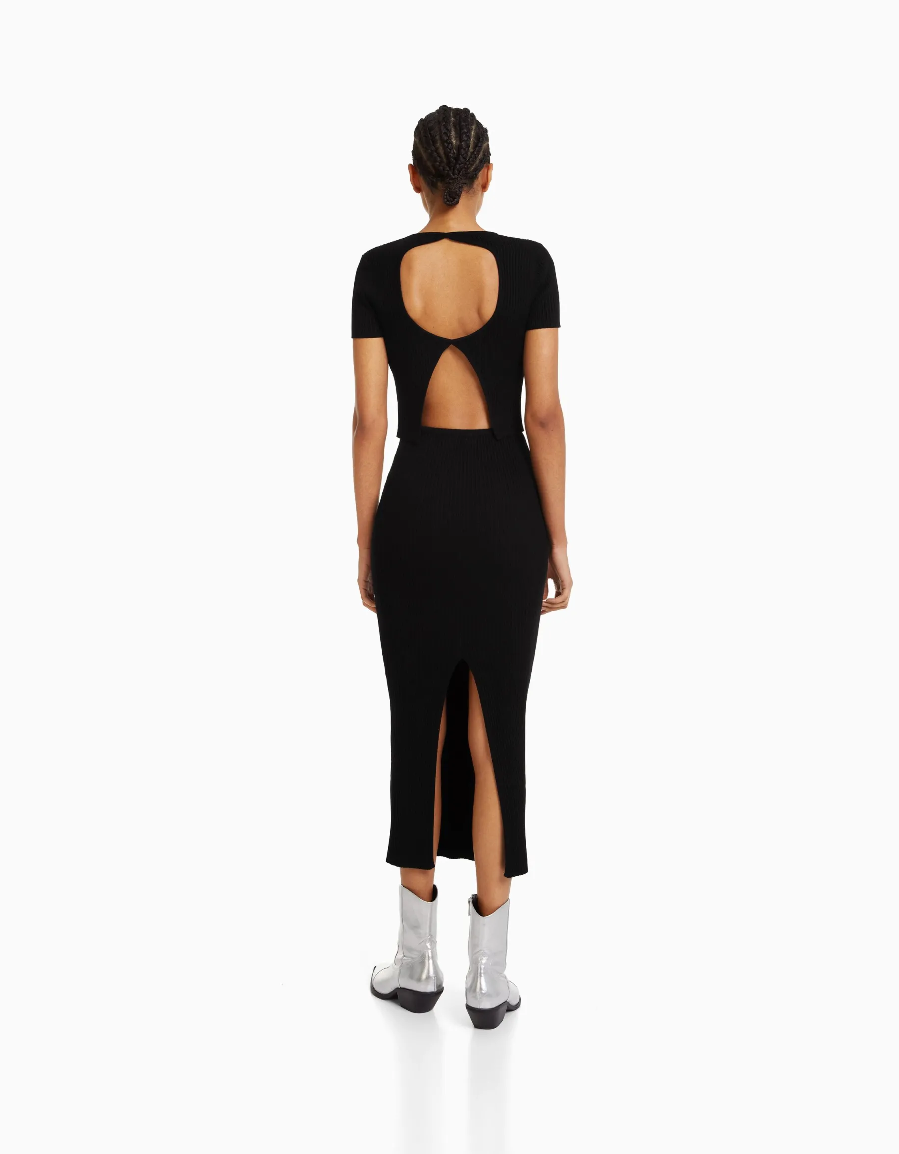 BERSHKA Jupe midi maille bord-côte Noir Discount