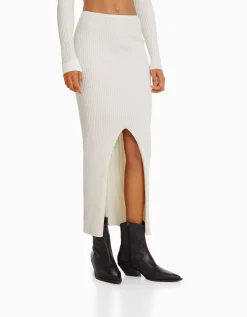 BERSHKA Jupe midi maille bord-côte Écru Shop