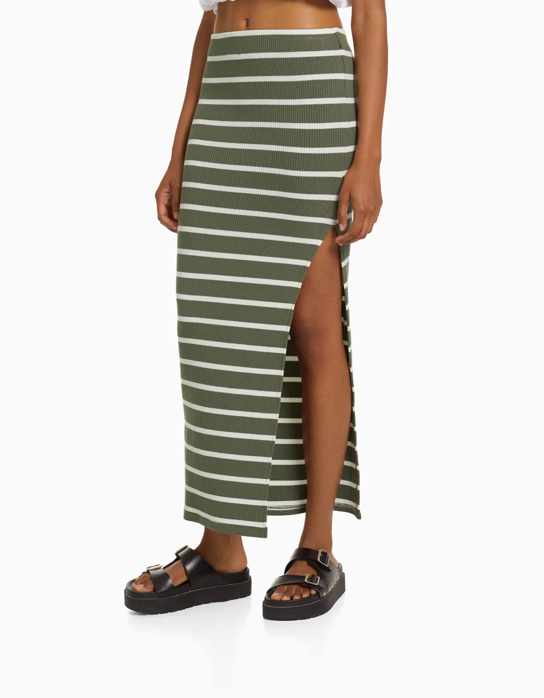 BERSHKA Jupe midi rayures Kaki Shop