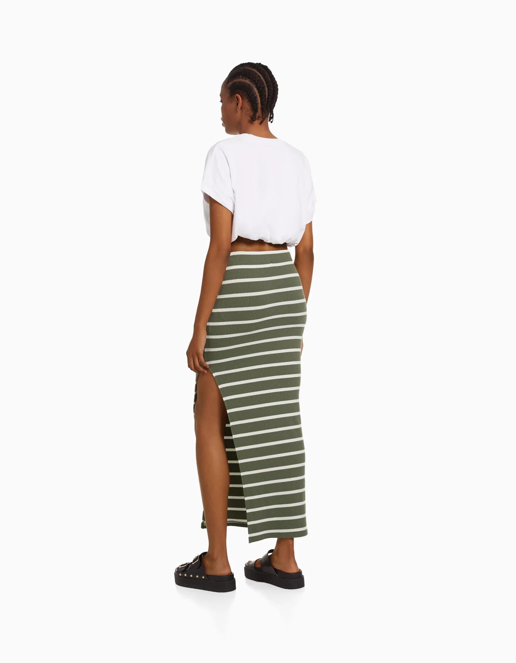 BERSHKA Jupe midi rayures Kaki Shop