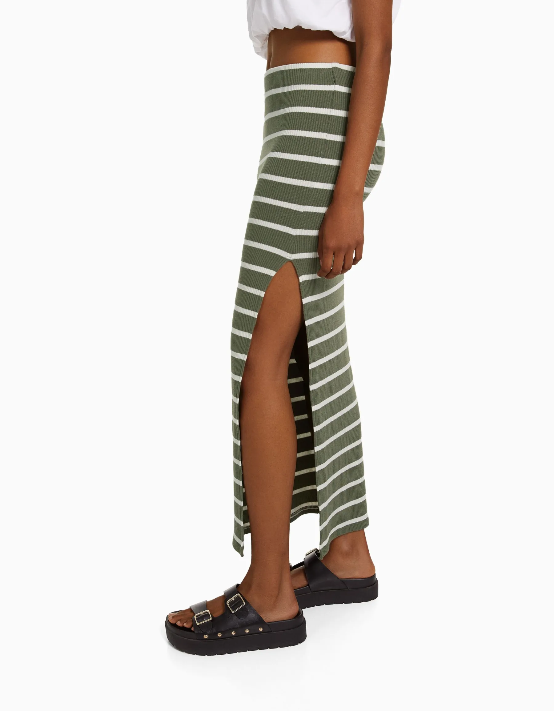 BERSHKA Jupe midi rayures Kaki Shop