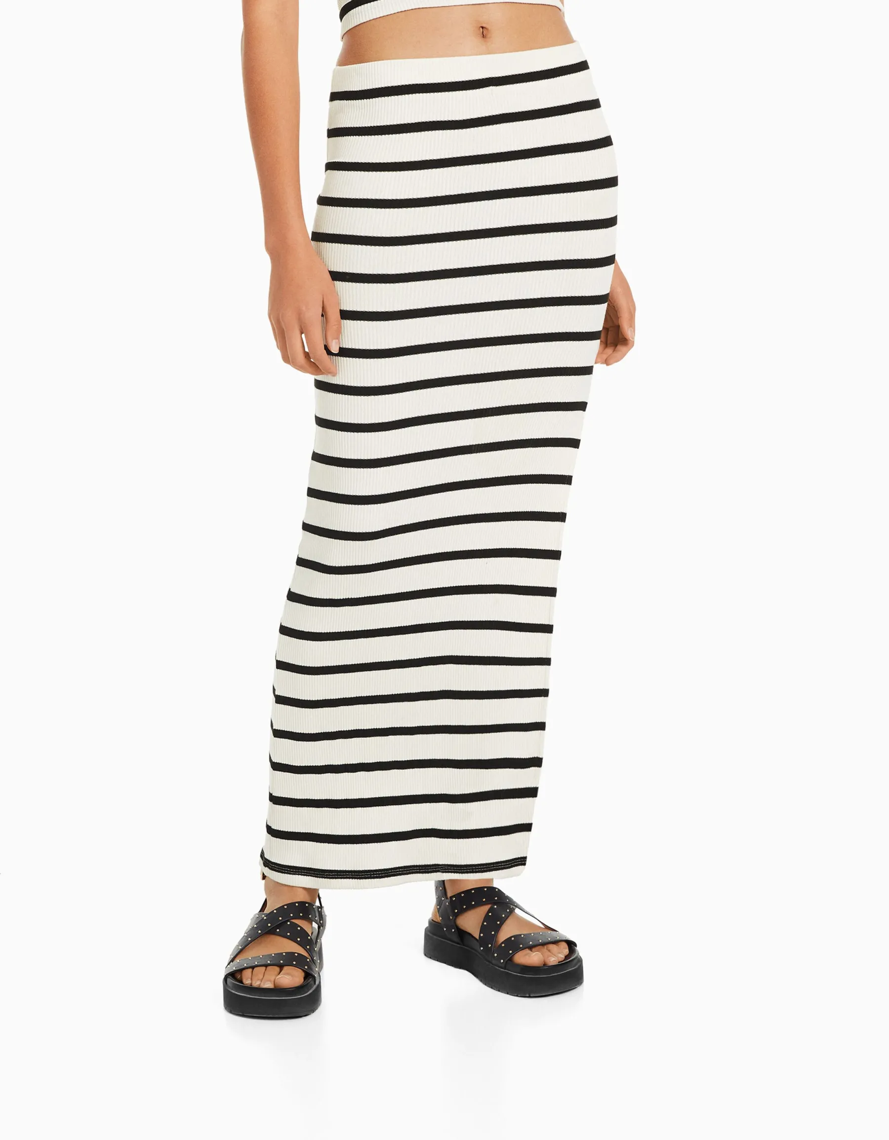 BERSHKA Jupe midi rayures Kaki Store