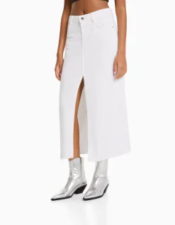 BERSHKA Jupe midi serge coton fente devant Blanc Sale