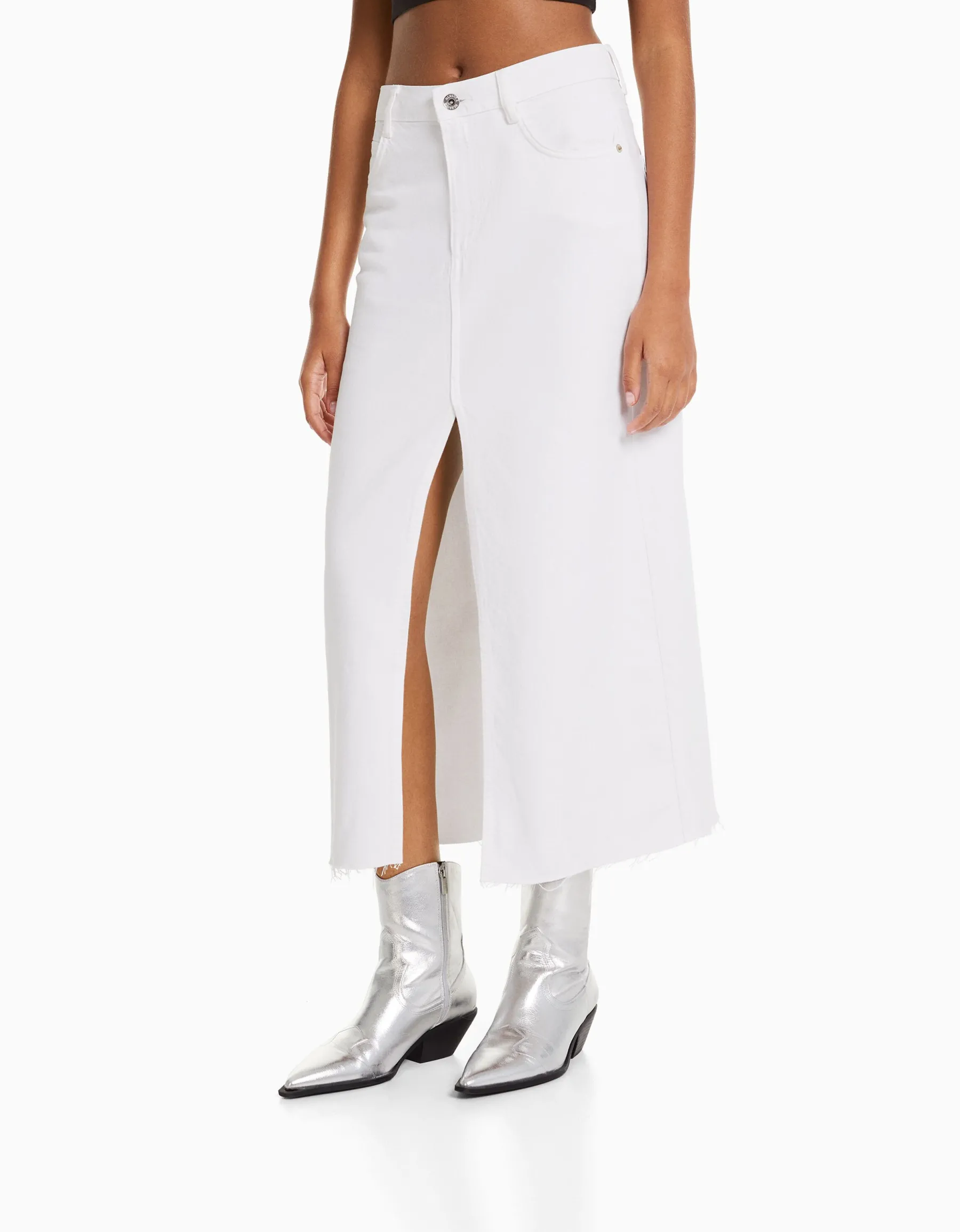 BERSHKA Jupe midi serge coton fente devant Blanc Shop