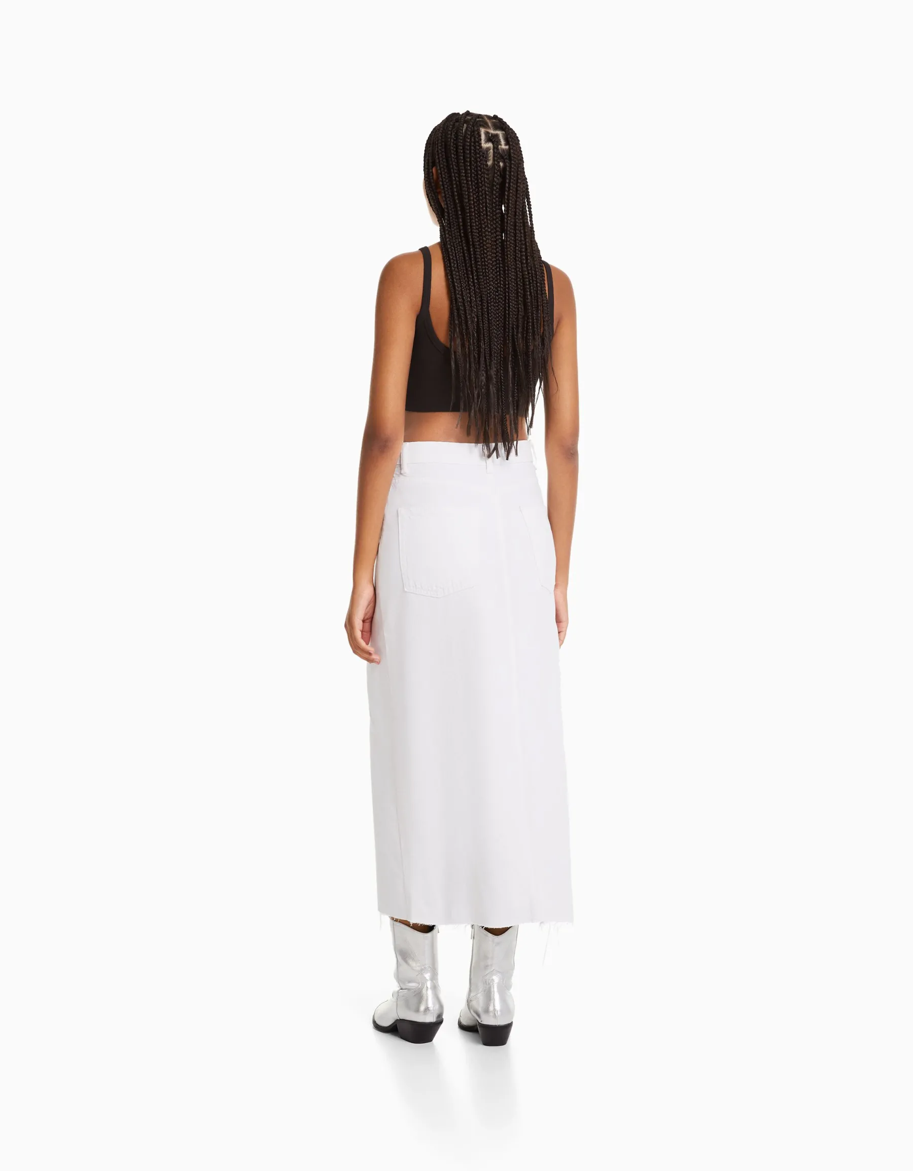 BERSHKA Jupe midi serge coton fente devant Blanc Shop