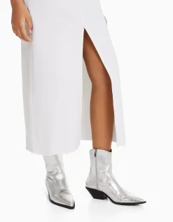 BERSHKA Jupe midi serge coton fente devant Blanc Shop