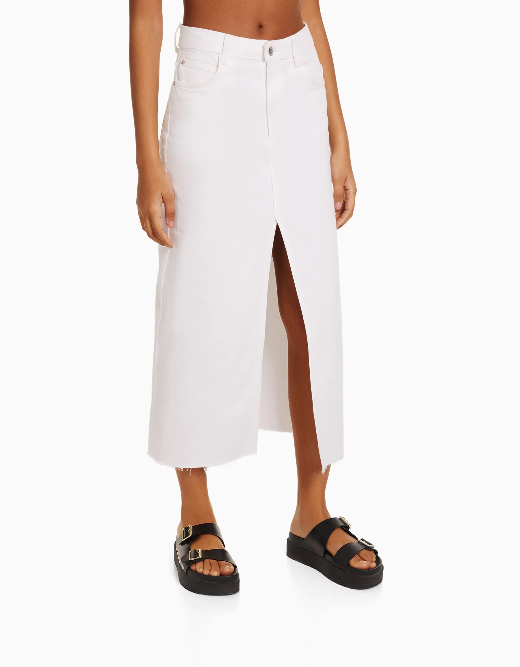 BERSHKA Jupe midi serge coton fente devant Blanc Discount