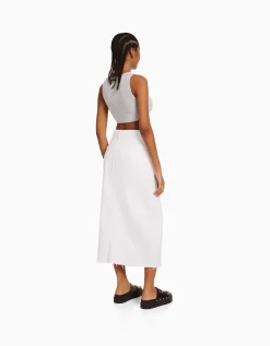 BERSHKA Jupe midi serge coton fente devant Blanc Discount