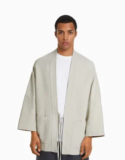 BERSHKA Kimono manches longues poches Kaki Hot