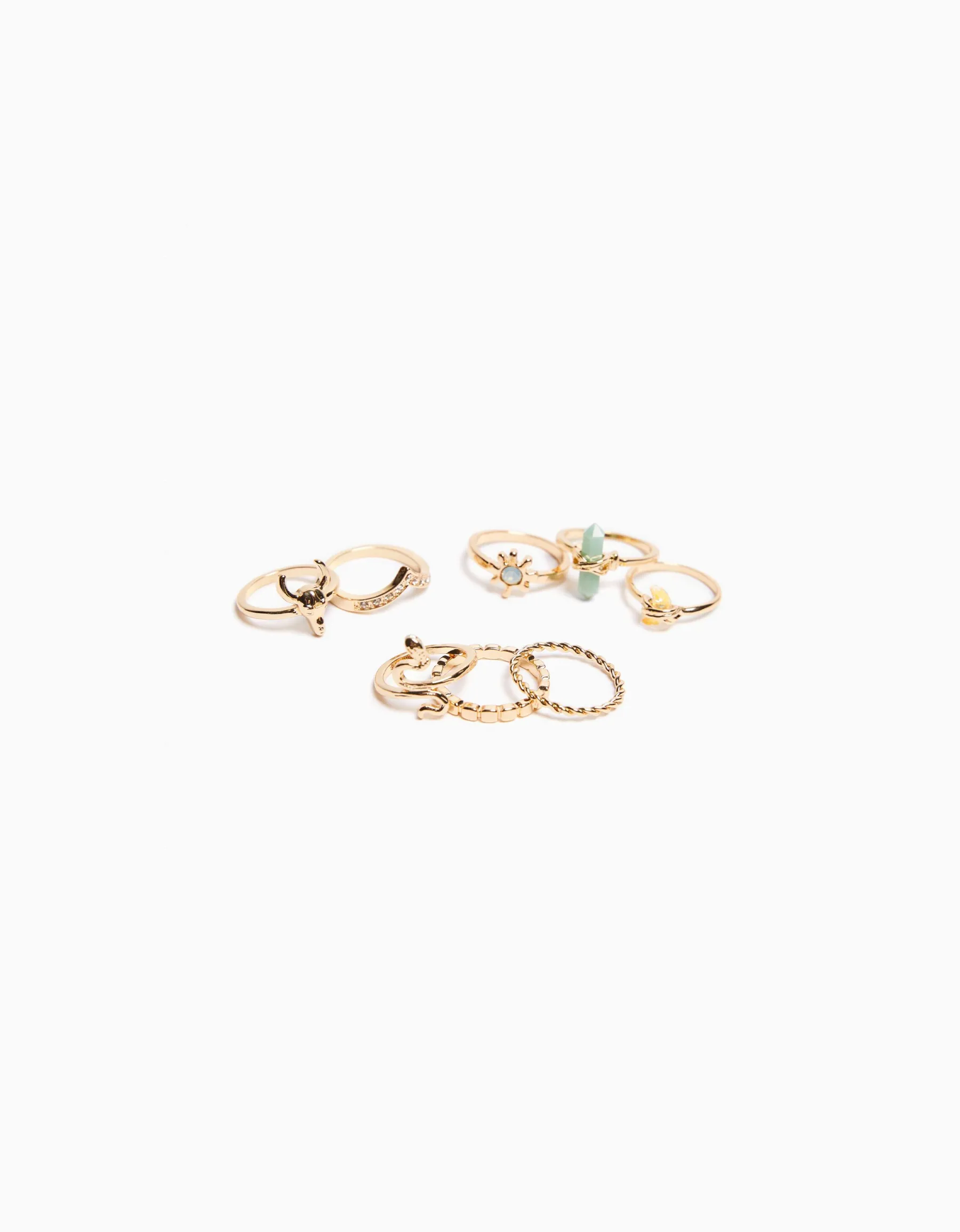 BERSHKA Lot 8 bagues dées pierres fantaisie serpent Or Discount