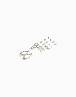 BERSHKA Lot 9 boucles d’oreilles edgy Argent Sale