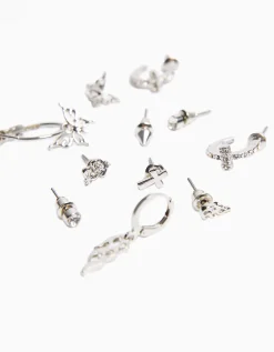 BERSHKA Lot 9 boucles d’oreilles edgy Argent Sale