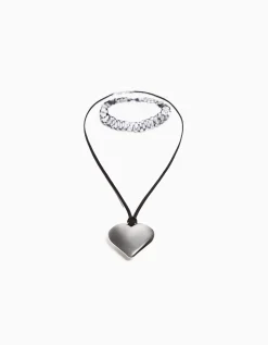 BERSHKA Lot 2 collier ras du cou cœur Argent Outlet