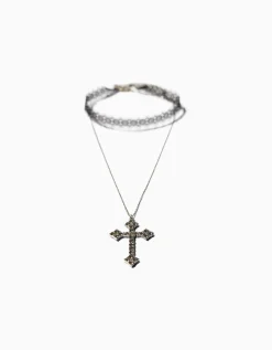 BERSHKA Lot 2 collier ras du cou effet dentelle chaîne croix Argent Cheap
