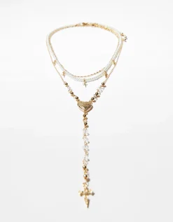 BERSHKA Lot 3 colliers croix chaîne Or Shop