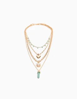 BERSHKA Lot 4 colliers pierres fantaisie Or Hot