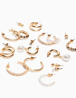 BERSHKA Lot 9 paires de boucles d’eilles anneaux pierres fantaisie Or Sale