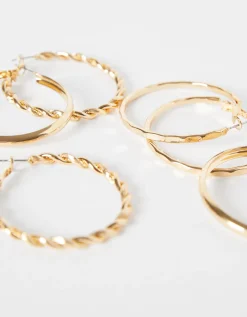 BERSHKA Lot 3 paires de boucles d’eilles créoles fines texturées Or Cheap