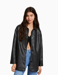 BERSHKA Manteau court similicuir Noir Sale
