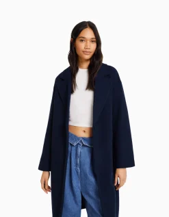 BERSHKA Manteau laine mélangée épaules tombantes Sable Sale