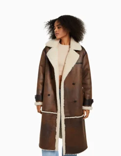 BERSHKA Manteau long double face Marron Shop