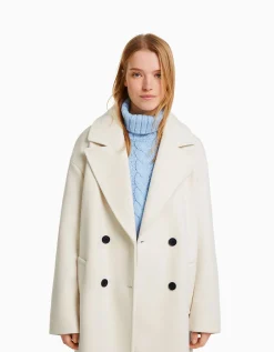 BERSHKA Manteau long épaules tombantes Écru Cheap