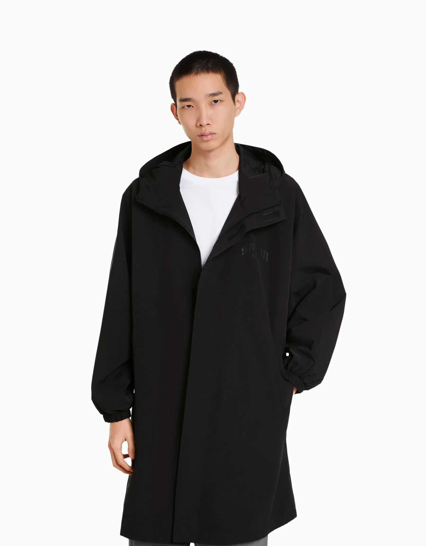 BERSHKA Manteau parka oversize effet nylon Noir Sale