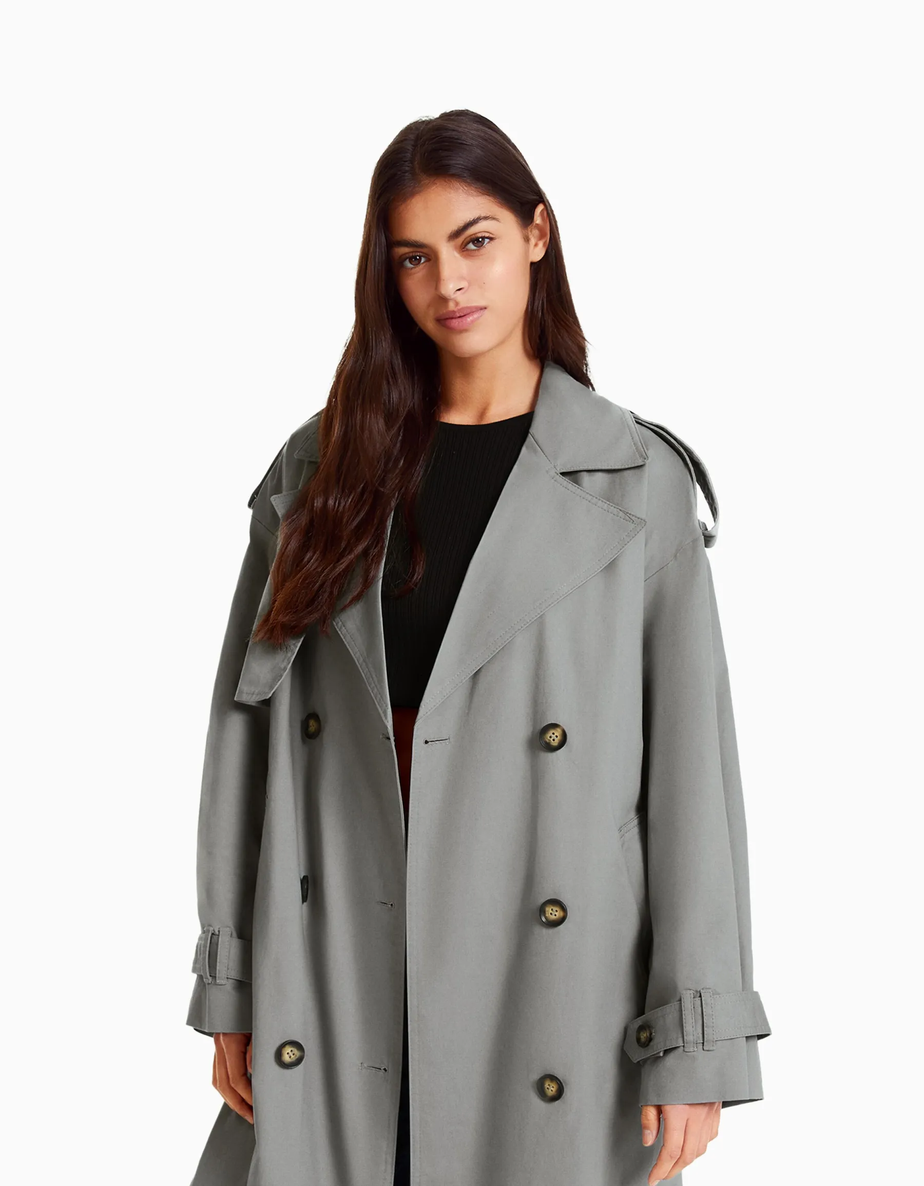 BERSHKA Manteau trench coton Gris Discount