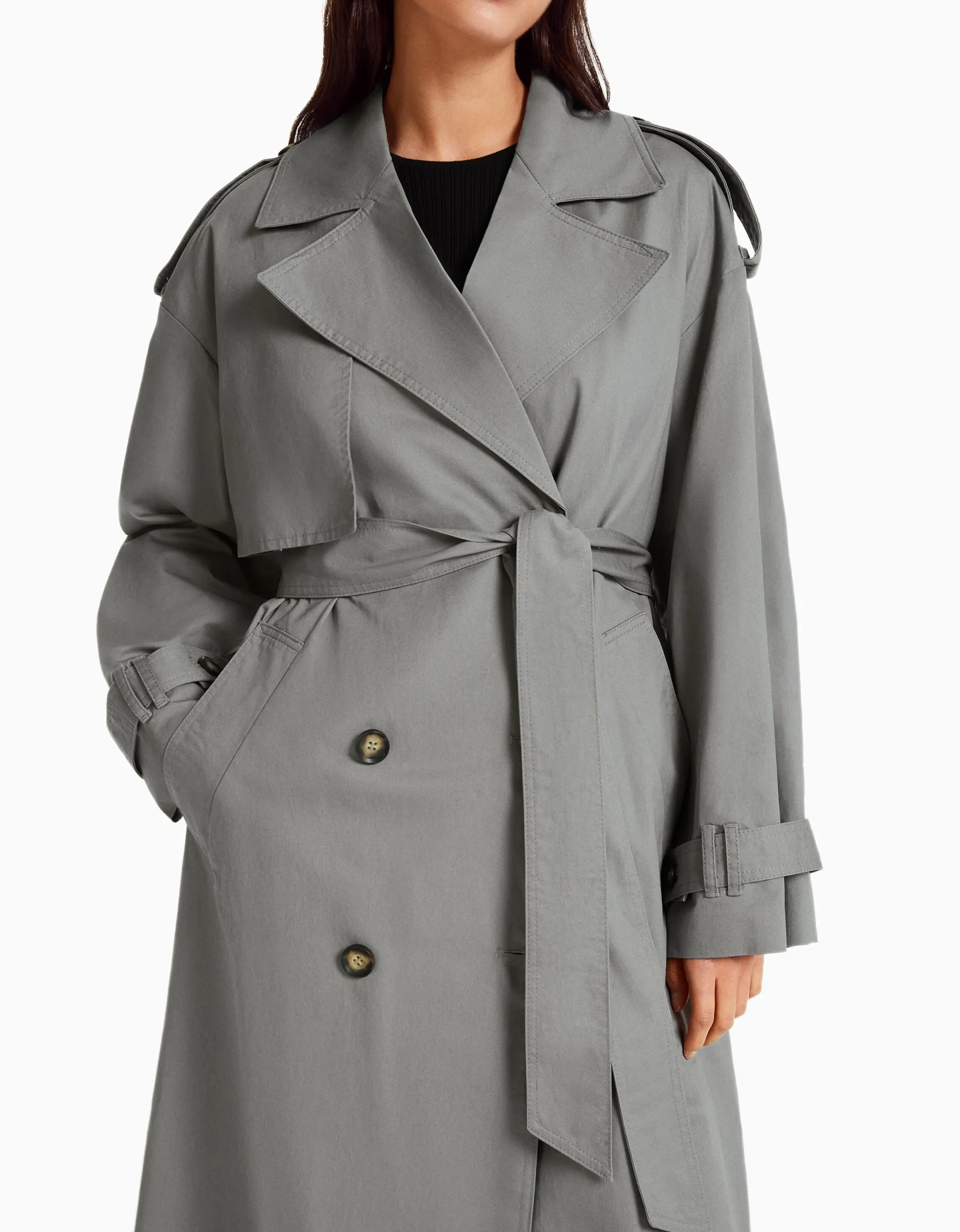 BERSHKA Manteau trench coton Gris Discount