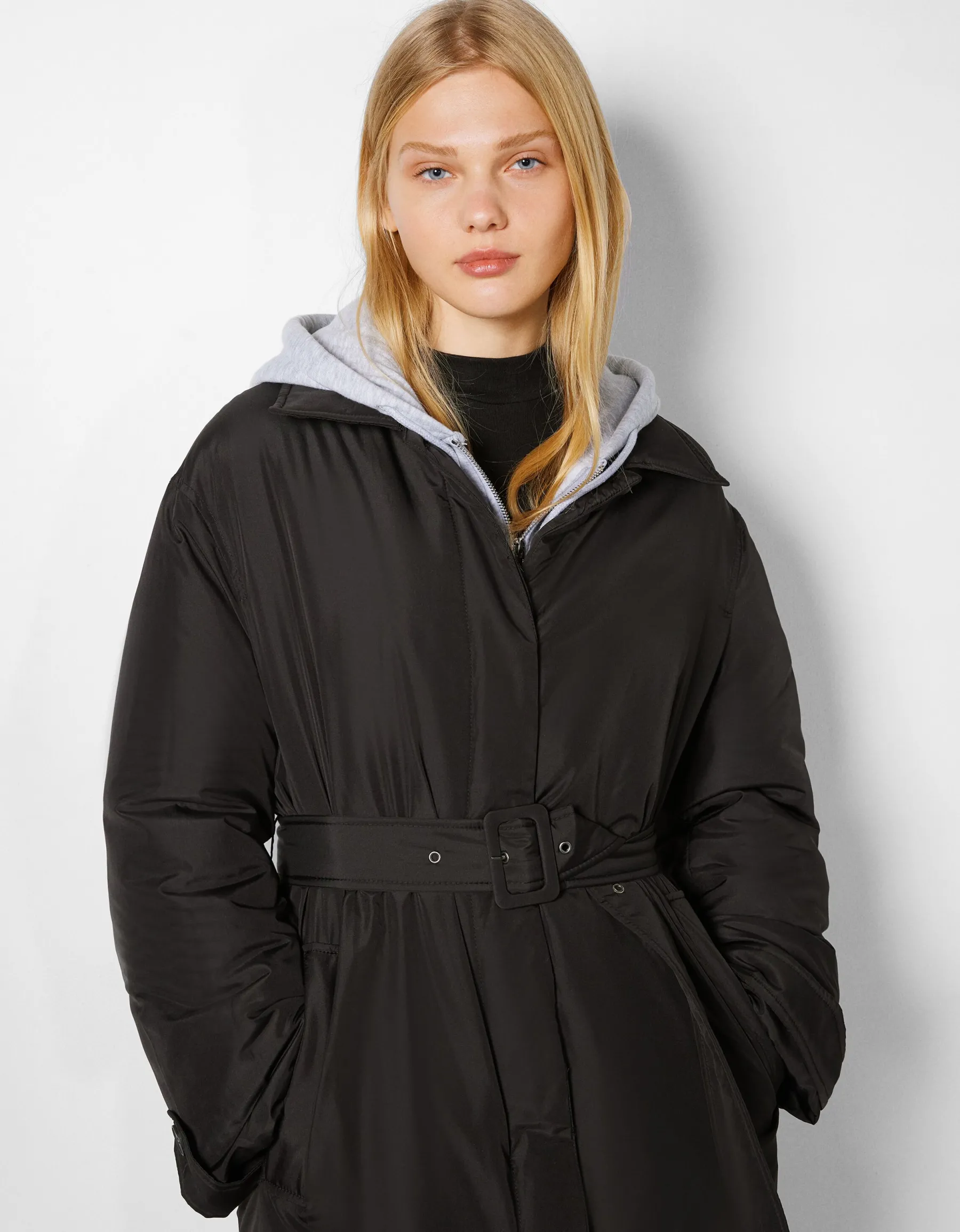 BERSHKA Manteau trench matelassé long Noir Cheap