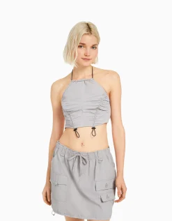 BERSHKA Minijupe cargo coton multipoches Gris Best