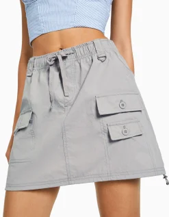 BERSHKA Minijupe cargo coton multipoches Gris Hot