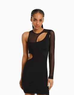 BERSHKA Mini-robe asymétrique tulle manches longues Gris Cheap