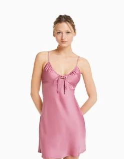 BERSHKA Mini-robe bretelles fluide satinée fronces Rose Outlet