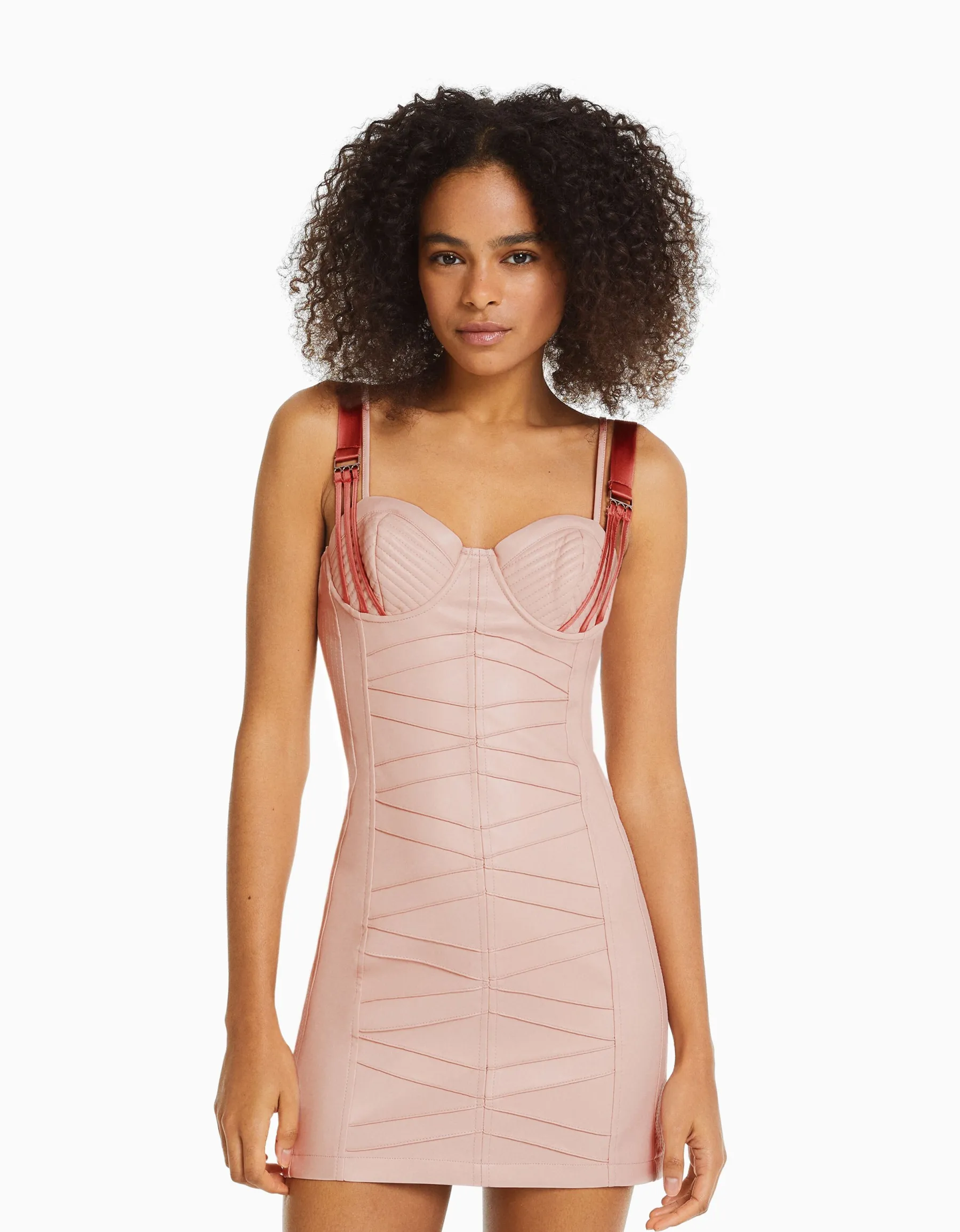 BERSHKA Mini-robe bretelles satinées similicuir Rose Cheap