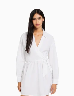 BERSHKA Mini-robe chemise manches longues cache-cœur Blanc New